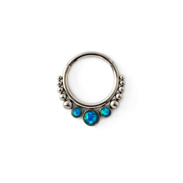 Blue Opal septum clicker, surgical steel piercing ring 1.2mm(16g), 6mm, 8mm, 10mm gemstone hinged segment ring for tragus, helix, cartilage