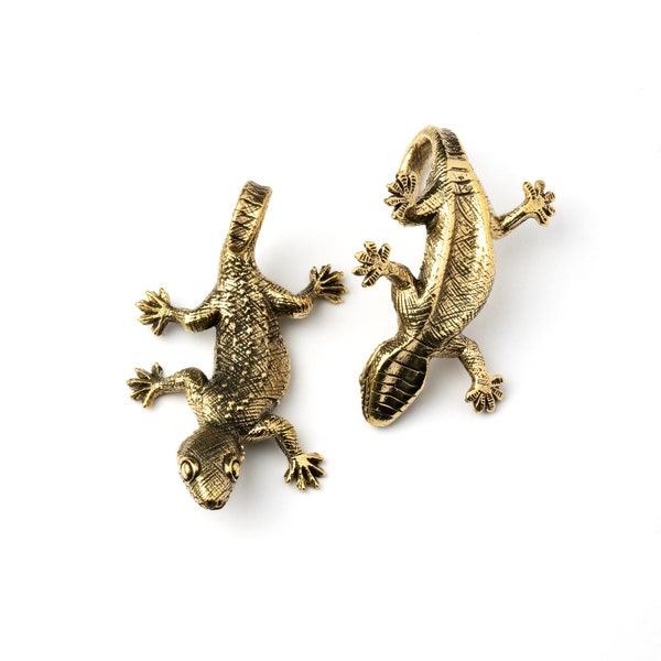 Lizard ear hangers, Salamander antique gold ear weights hangers for stretched ears, ear gauges 4mm-6g, ear weights and hangers gauge jewelry