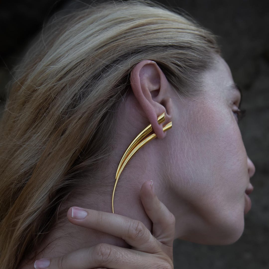 Gold Spike Earrings, Tribal Silver Fake Gauge Earrings, Taper Faux