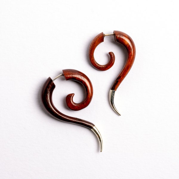 Haku spiralling wood earrings, Rose wood fake gauge earrings, tribal fake gauges, organic sustainable natural earrings, fake gauge jewellery