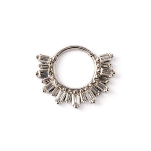 Zirconia Rays, 14k white gold and CZ septum ring 1.2mm/16g hinged segment clicker ring, gemstone piercing ring for cartilage, helix, daith
