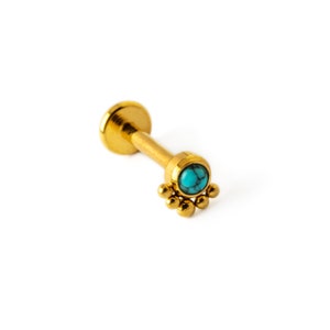 Layla Turquoise Labret, 16g golden surgical steel internally threaded screw on earring, tragus, helix, cartilage, medusa flat back earring zdjęcie 4