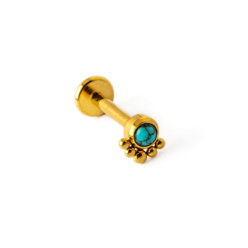 Layla Turquoise Labret, 16g golden surgical steel internally threaded screw on earring, tragus, helix, cartilage, medusa flat back earring zdjęcie 4