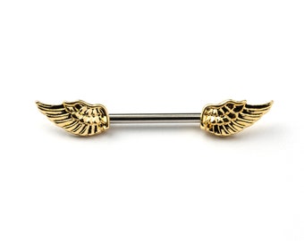 Goldene Engelsflügel Nippel Bar, Chirurgenstahl Piercing Bar Nippel Piercing Ring 1,6mm (14g), einzigartiger Nippelschmuck