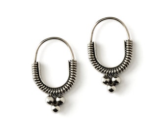 925 Sterling Silver Coiled Hoop Earrings, boho earrings oval small hoops, bohemian ethnic Indian hoop earrings for women