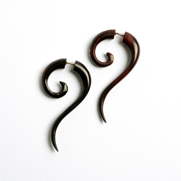 Haku spiralling wood earrings, Rosewood and Blackwood fake gauge earrings, tribal organic sustainable natural earrings, fake gauge jewellery