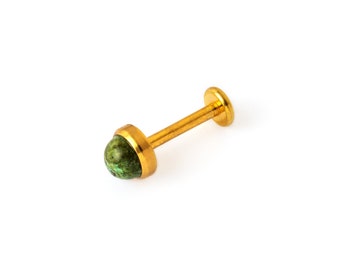 Golden labret with African Jade, 16g surgical steel internally threaded screw on earring, tragus, helix, cartilage, medusa flat back earring