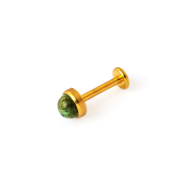 Golden labret with African Jade, 16g surgical steel internally threaded screw on earring, tragus, helix, cartilage, medusa flat back earring