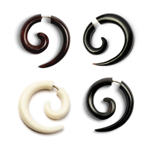 Spiral fake gauge earrings, natural spiral earrings fake gauges, wood earrings, bone earrings, horn earrings, tribal fake gauge Jewellery