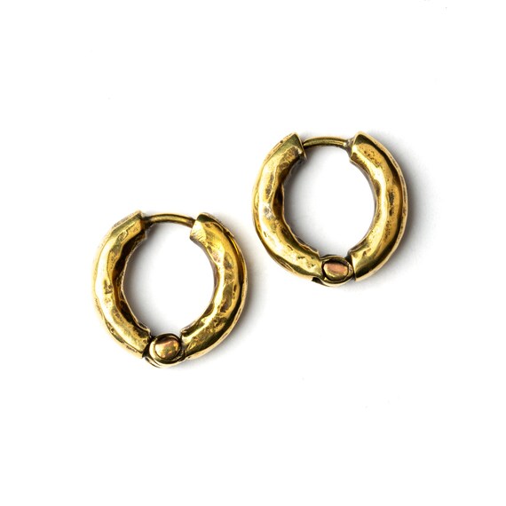 Hammered Brass Hoop Earrings Antique Gold Colour Chunky Hoops
