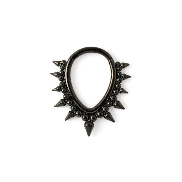 Spiky Brenna black septum clicker ring, surgical steel hinged segment ring 1.2mm/16g, click on piercing ring, alternative septum jewellery