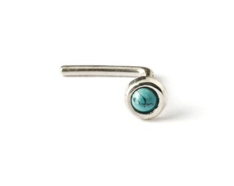 Tiny Sterling Silver nose stud with Turquoise, dainty Turquoise stone nose stud, minimalistic L shape nose post, thin nose ring 0.8mm (20g)
