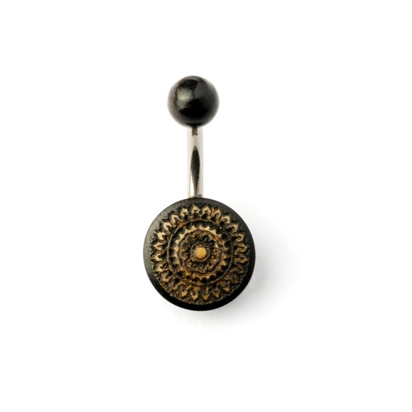 Arang Wood Flower Belly Button Ring, 316L surgical steel belly bar, organic natural navel ring, boho tribal belly button piercing jewelry