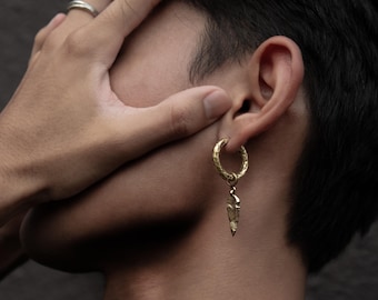 Hoop Earrings with Arrowhead Charm, hammered antique gold brass huggie with charm, boho tribal unisex unique hoops dangling earrings