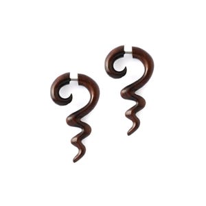 Spiralling Tail Fake Gauges, taper fake gauges,wood  fake gauge earrings, faux gauges, fake stretchers tribal gauge jewelry PRICE PER SINGLE