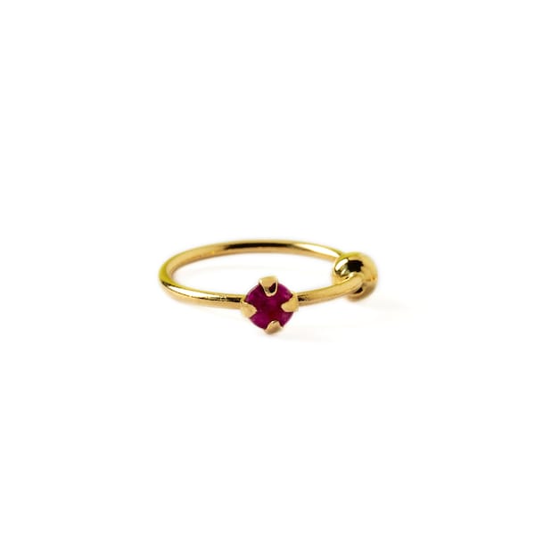 14k solid gold nose ring with Ruby, minimalist piercing ring 0.8mm/22g nose rings & studs 8mm, 10mm dainty gold nose ring hoop with gemstone