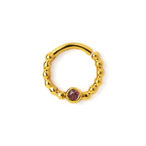 18k Gold Garnet Septum Ring, tiny dainty gold septum nose ring hoop 1.2mm (16g), tragus, daith, helix, gemstone gold septum jewelry