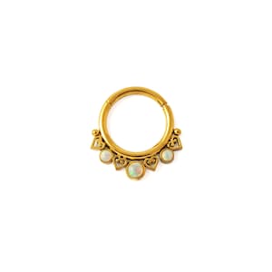 Neptune septum clicker ring with White Opal, gold surgical steel hinged segment piercing ring 1.2mm/16g, 6mm, 8mm, 10mm gemstone septum ring