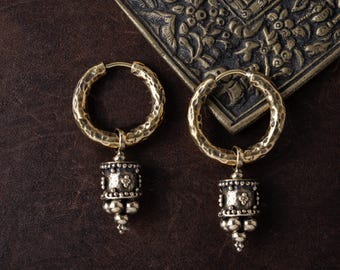 Hoop Earrings with Afghan Charm, antique gold brass hammered sterling silver huggie with charm, boho tribal unisex hoops dangling earrings