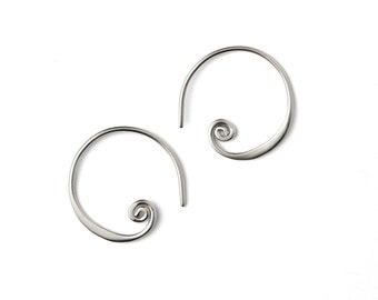 Sterling Silver Spiral Hoop Earrings, geometric silver wire open hoop earrings, dainty boho small minimalist spiral swirl earrings