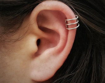 Three rings silver ear cuff no piercing, boho conch ear wrap helix fake piercing ring, cartilage clip earring, hoop no piercing fake earring