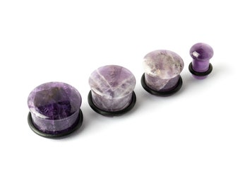 Amethyst plugs, single flare stone plugs 4mm (0g) - 16mm (5/8’’) organic natural plugs and tunnels stretched ear jewelry