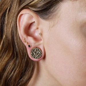 May include: A close-up of a person's ear with multiple piercings. The ear is pierced with a small black gemstone, a gold snake-shaped stud, and a large gold hammered disc.