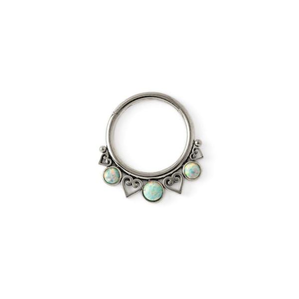 Neptune White Opal septum clicker ring, surgical steel piercing ring 1.2mm/16g, 6mm, 8mm, 10mm gemstone hinged segment ring, septum jewelry