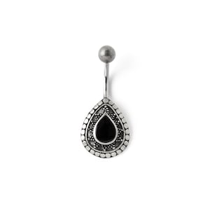 Adira belly piercing, ethnic style silver belly button ring with Black Onyx, 316L surgical steel barbell, boho tribal body piercing jewelry