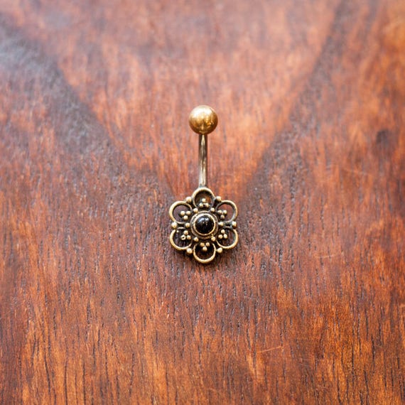Flower Belly Bar with Set Stone Brass Belly Button Ring Etsy