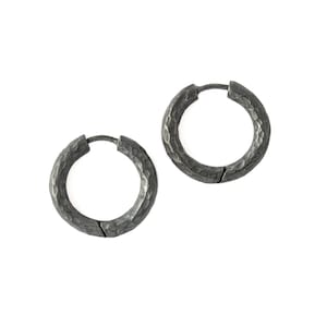 Hammered black Silver hoop earrings, oxidised silver chunky rough clicker hoops 18mm,22mm,26mm, unique statement earrings for women and men