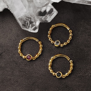 Gold septum ring with gemstone, tiny gold nose hoop septum ring 1.2mm(16g) tragus, daith, helix, gemstone gold septum jewelry