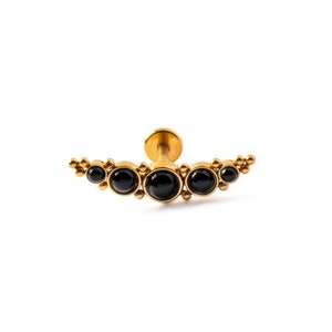 Deva golden labret with black Onyx, 1.2mm/16g surgical steel internally threaded flat back cartilage earring with gemstone, conch, helix