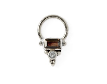 Jaya Silver septum ring with Smokey Quartz and Topaz, 1.2mm/16g seamless piercing ring with gemstone, handmade customised septum jewelry