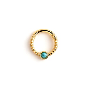 Gold septum clicker with Turquoise, surgical steel hinged hoop earring 1.2mm (16g) piercing ring fit to tragus, helix, cartilage, nose ring