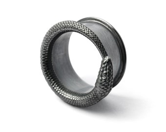 Ouroboros Black Silver Ear Tunnel, snake plug tunnels gauges 8mm/0g- 22mm/7/8” stretched ears plug earrings, gauge jewelry