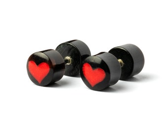 Coral heart fake plugs earrings, organic black fake gauge earrings, fake gauge jewelry, valentines gift