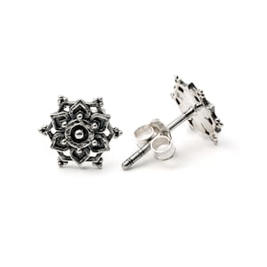 925 Sterling Silver flower mandala stud earrings, unique elegant boho flower ear studs, silver post earrings for women