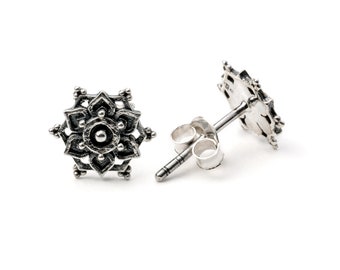 Flower mandala stud earrings in silver or bronze, unique elegant boho flower ear studs, silver post earrings for women