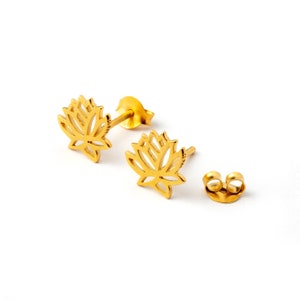 24K Gold lotus flower stud earrings, dainty gold flower ear stud, elegant boho unique gold yoga post earrings for women
