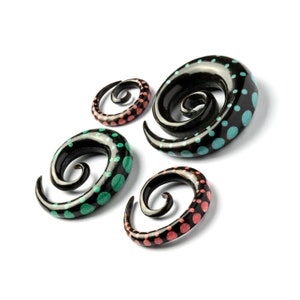 Black Spiral gauges with Coral dots, taper gauge earrings for stretched ears 6g 5/8 ear gauges, natural ear stretchers, gauge jewelry image 9