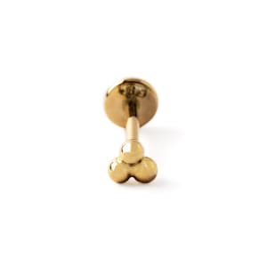 14K Solid Gold Trinity Labret Stud, internally threaded screw on earring 16g, flat back earring for tragus, helix, conch, medusa piercing