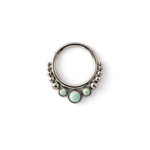 Opal Trio Septum Clicker, surgical steel piercing ring 1.2mm (16g), 6mm, 8mm, 10mm gemstone hinged segment ring for tragus, helix, cartilage