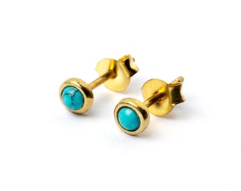 Kira gemstone stud earrings, golden tiny ear studs, Turquoise, Opal, Onyx, Jade, Abalone post earrings for everyday use