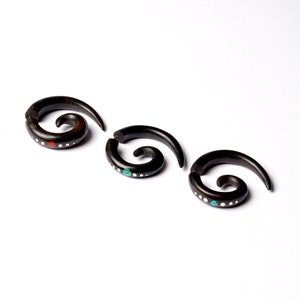 Spiral fake gauge earrings, wood earrings with Turquoise, Coral, Malachite, tribal organic earrings, fake gauge jewelry PRICE PER SINGLE