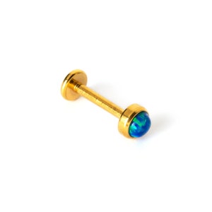Golden Labret with Blue Opal, 16g surgical steel internally threaded screw on earring, tragus, helix, cartilage, medusa flat back earring