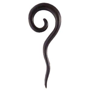 May include: A dark brown, smooth, curved ear taper shaped like a spiral. The jewelry features a rounded top that coils inward, tapering down into a slender, elongated point at the bottom. The surface has a polished finish with visible wood grain.