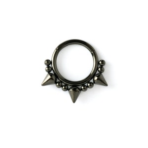 Black spiky septum clicker ring, surgical steel hinged segment piercing ring 16g, edgy dark click on ring fits as a cartilage, tragus, helix
