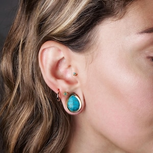 Golden teardrop ear plugs with Turquoise, plug earrings for stretched ears 12mm/0.5g-25mm/1”plugs & tunnels, gauge Jewelry, PRICE PER SINGLE