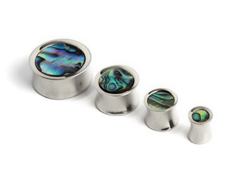 Silver plug earrings with Abalone, plug tunnels ear gauges 8mm (0g) - 25mm (1’’), boho ear plug gauges, plugs and tunnels gauge jewelry